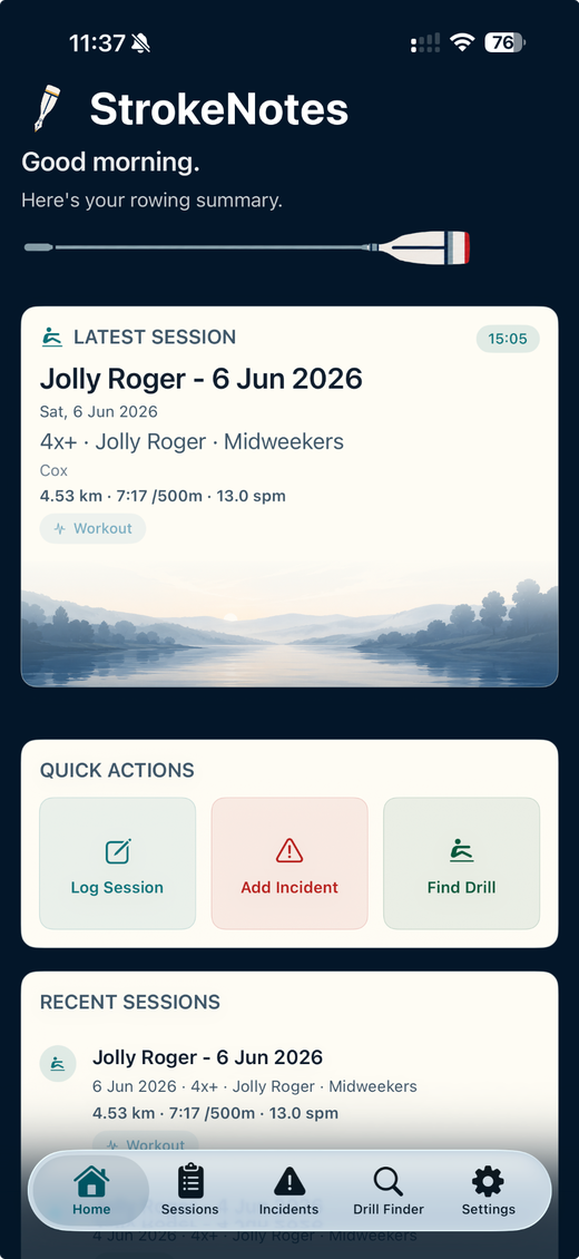 Screenshot of the StrokeNotes app home screen showing latest session, quick actions and recent sessions.
